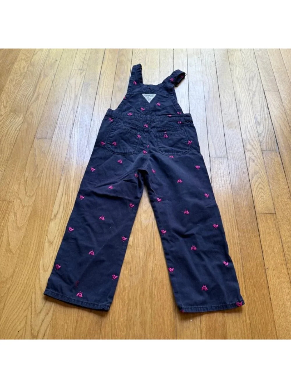 VTG OshKosh B'gosh Girl Size 5 Blue Denim Pink Bird Embroidered Bib Overalls